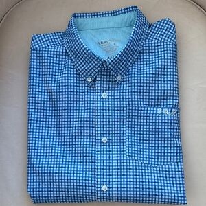 Huk Men's Blue Gingham Fish design Button Down Shirt Performance Fabric L